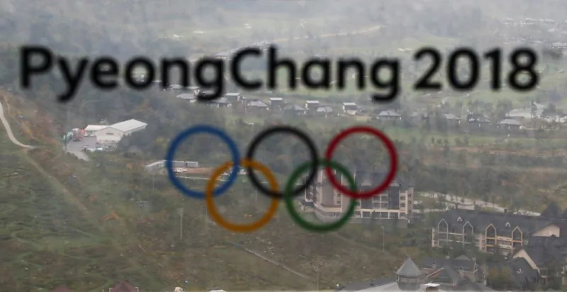 The PyeongChang 2018 Winter Olympic Games logo is seen at the the Alpensia Ski Jumping Centre in Pyeongchang, South Korea, Sept. 27, 2017. (Reuters/Pawel Kopczynski)