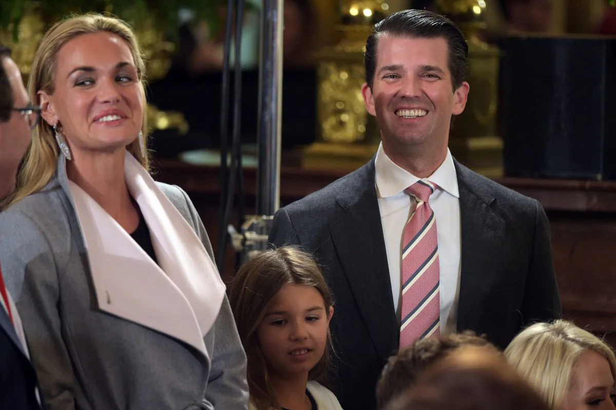 Donald Trump, Jr., (R) his wife Vanessa (L) attend the White House senior staff swearing in at the White House on Jan. 22, 2017. (Mandel Ngan/AFP/Getty Images)
