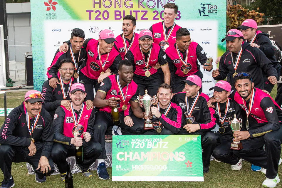 Hung Hom JD Jaguars celebrate winning the 2018 T20 Blitz after beating Galaxy Gladiators Lantau by 6 runs in the Final at the Mission Road Sports Ground on Sunday Feb 11. (Dan Marchant)