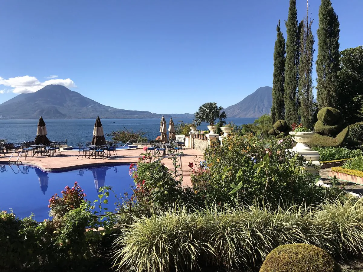 View of Lake Atitlan and volcanoes from Hotel Atitla. (Beverly Mann)