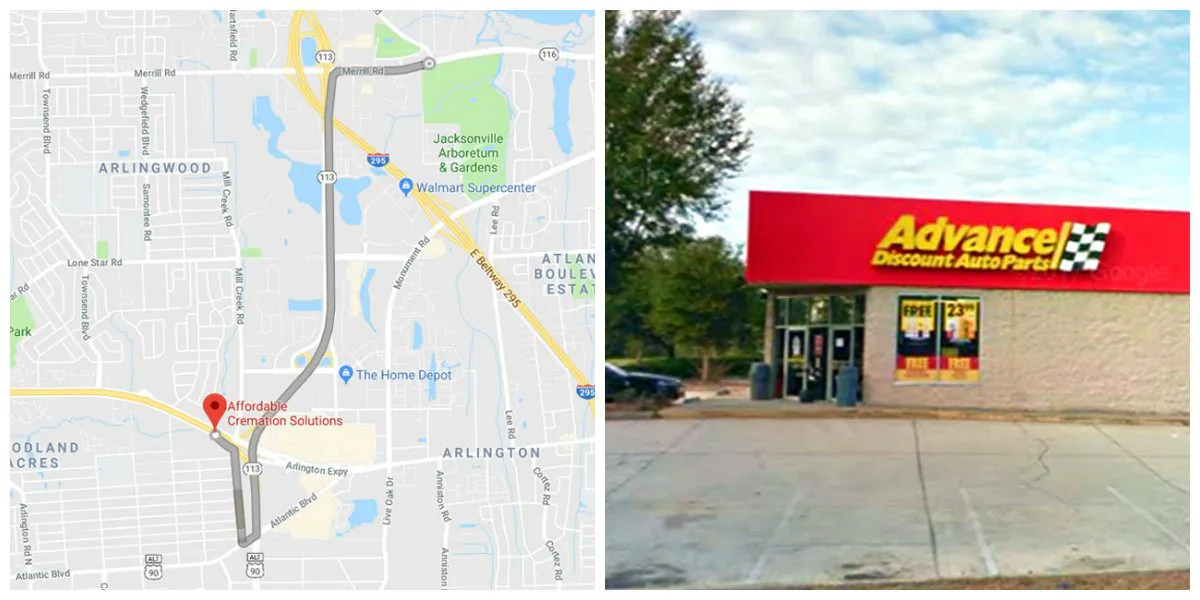 A van recently stolen with a body inside was found about 10 minutes from where it was taken, in an auto parts shop parking lot. (Google Maps)