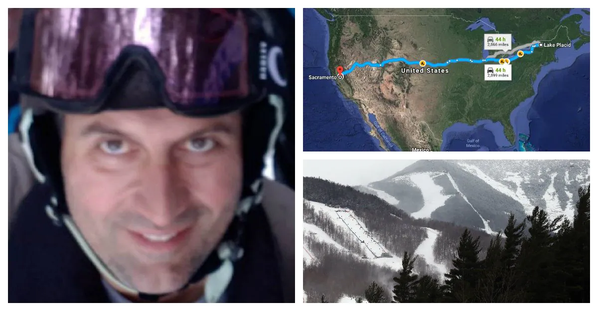 (Clockwise from L-R): Missing skier Constantinos “Danny” Filippidis (New York State Police), approximately 2,900 miles from Lake Placid, New York to Sacramento, Calif. (Google), file photo of Whiteface mountain (Bruce Bennett/Getty Images)