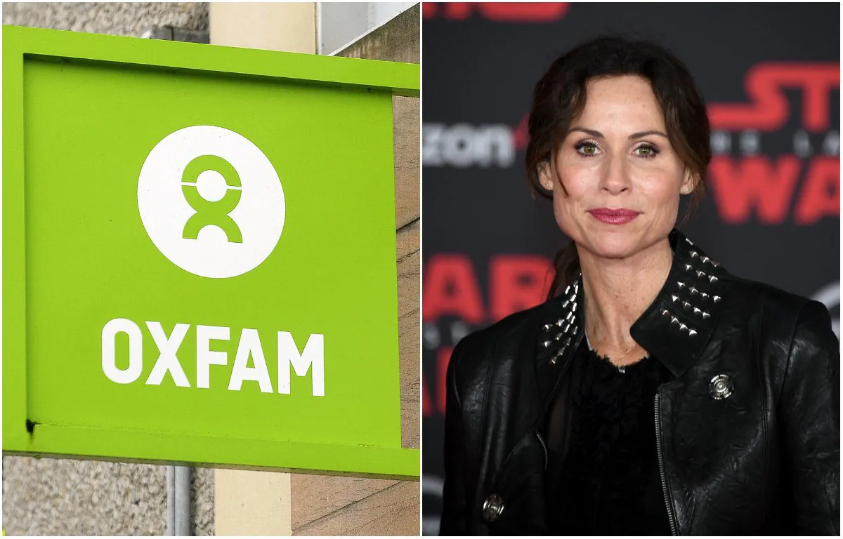 L: The logo on the front of an Oxfam bookshop in Glasgow on Feb. 10, 2018. (ANDY BUCHANAN/AFP/Getty Images); R: Actress Minnie Driver in Los Angeles on Dec. 9, 2017. (Ethan Miller/Getty Images)