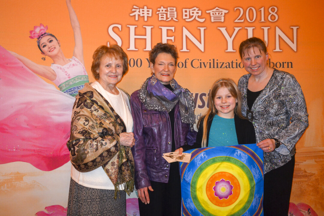 (L–R) Winnie Hosford, Dianne Kamp, Sarah Kamp, and Shelley Kamp enjoyed the Shen Yun performance at the Paramount Theatre in Cedar Rapids, Iowa, on Feb. 14, 2018. (Helen Peng/The Epoch Times)