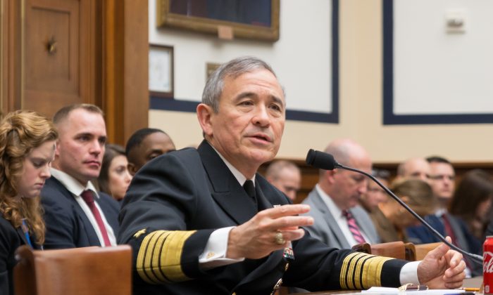 U.S. Navy Adm. Harry Harris, commander of the U.S. Pacific Command, testifies at a Congressional House Armed Services Committee hearing on Feb. 14, 2017. President Donald Trump has announced the intention to nominate Harris, a noted hard-liner when it comes to countering Chinese military aggression, to be the next U.S. ambassador to Australia. (Paul Huang/The Epoch Times)