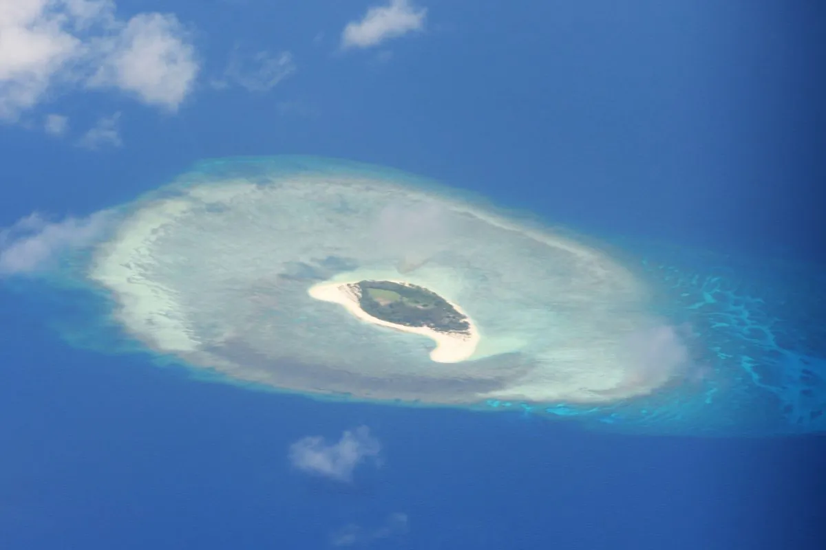 An aerial shot of a reef in the disputed Spratly islands on April 21, 2017. (Ted Aljibe/AFP/Getty Images)