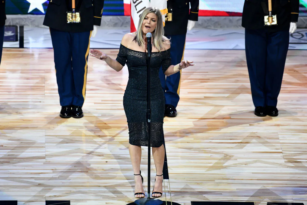 Singer Fergie sings the national anthem prior to The 67th NBA All-Star Game: Team LeBron Vs. Team Stephen at Staples Center in Los Angeles on Feb. 18, 2018.  (Allen Berezovsky/Getty Images)