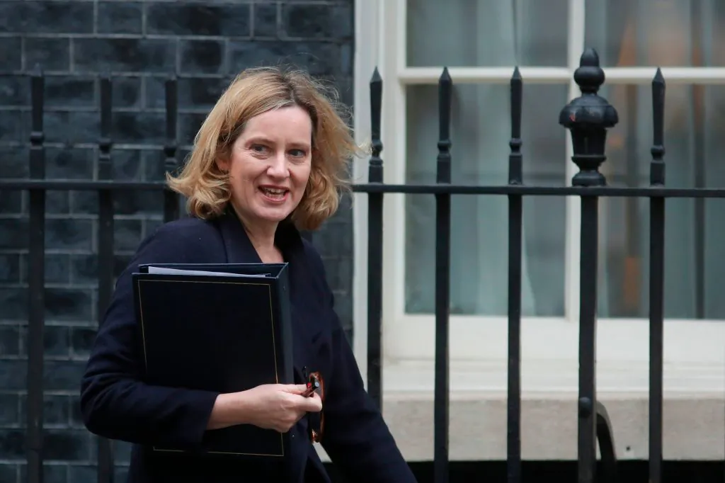 Britain's Home Secretary Amber Rudd arrives in Downing street for the weekly cabinet meeting in London on February 20, 2018. (Daniel Leal-Olivas/AFP/Getty Images)