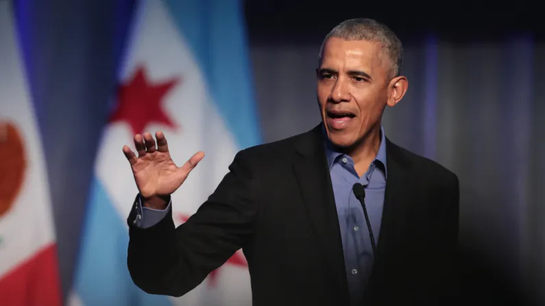 Former president Barack Obama speaks to a gathering of more than 50 mayors and other guests during the North American Climate Summit in Chicago on Dec. 5, 2017. (Scott Olson/Getty Images)