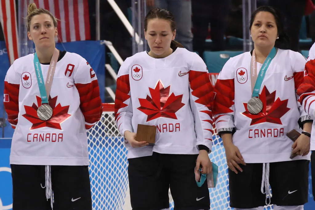 Jocelyne Larocque, #3 of Canada, refuses to wear her silver medal after losing to the United States in the Women's Gold Medal Game on day 13 of the PyeongChang 2018 Winter Olympic Games at Gangneung Hockey Centre in Gangneung, South Korea on Feb. 22, 2018. (Bruce Bennett/Getty Images)