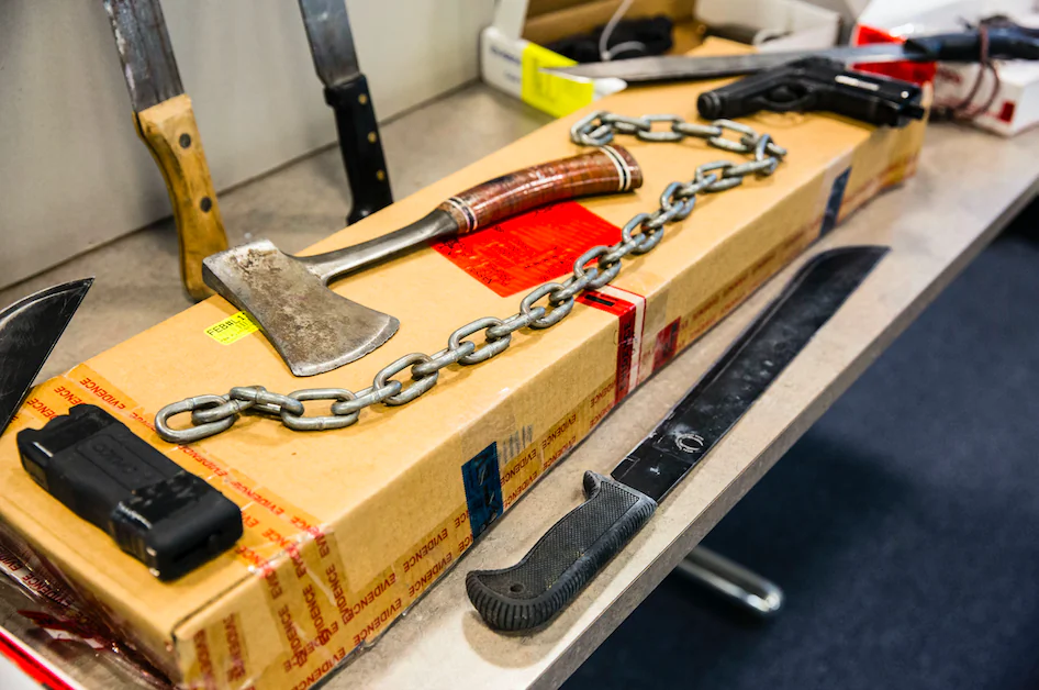 Weapons used by alleged MS-13 gang members named in an indictment that includes eight attempted murders in Nassau County, Long Island, N.Y., on June 15, 2017. (Samira Bouaou/The Epoch Times)