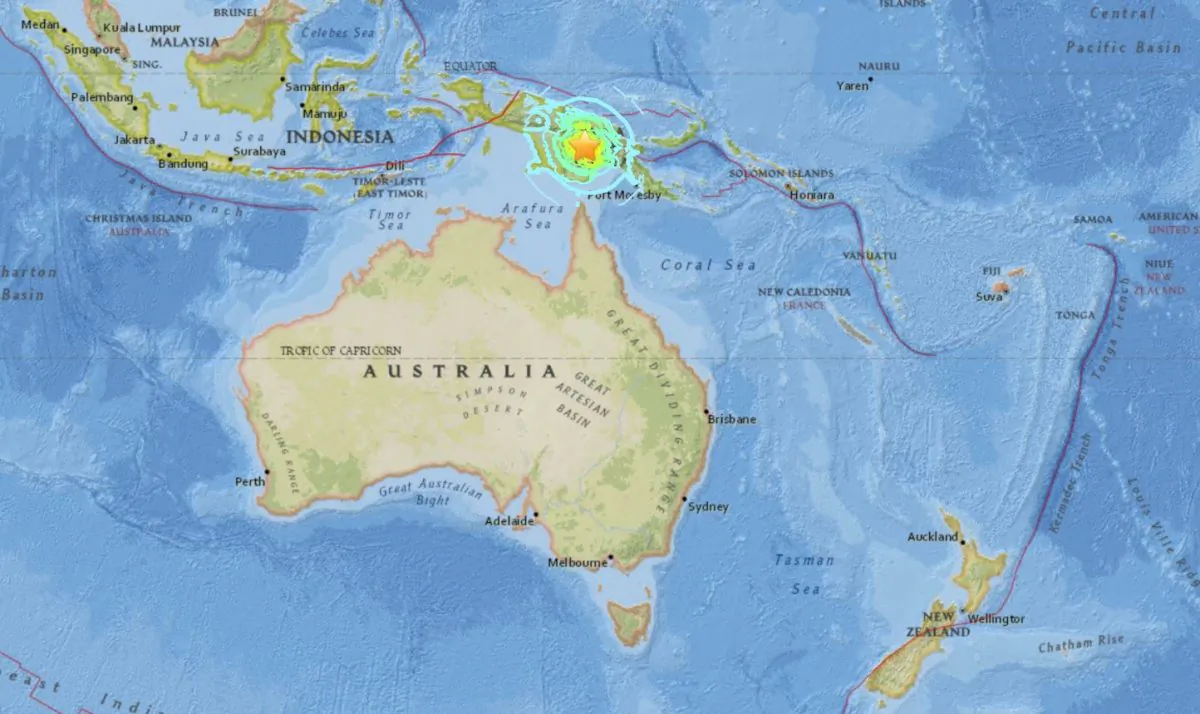 Magnitude 7.5 earthquake stirkes 89km SSW of Porgera, Papua New Guinea on Feb. 26, 2018. (USGS)