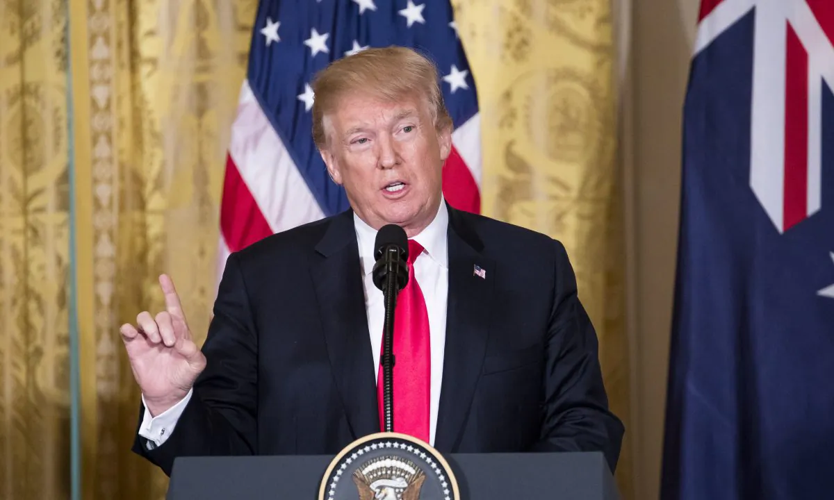 President Donald Trump speaks at a joint press conference with Australian Prime Minister Malcolm Turnbull in the East Room of the White House on Feb. 23, 2018. (Samira Bouaou/The Epoch Times)