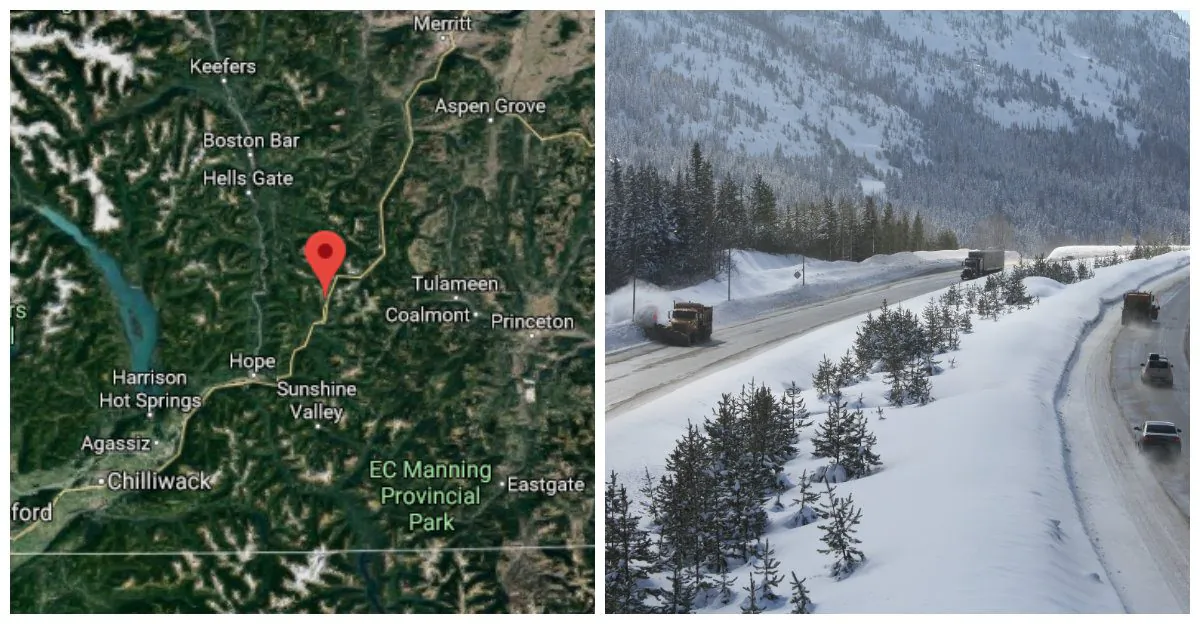 The Coquihalla Highway in British Columbia, Canada. (Google Maps); Winter on the Coquihalla Highway (British Columbia -Ministry of Transportation and Infrastructure)