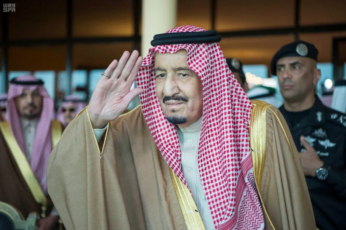 Saudi Arabia's King Salman bin Abdulaziz Al Saud gestures as he attends Janadriyah Festival, in Saudi Arabia, on Feb. 7, 2018. (Saudi Press Agency/Handout via Reuters)