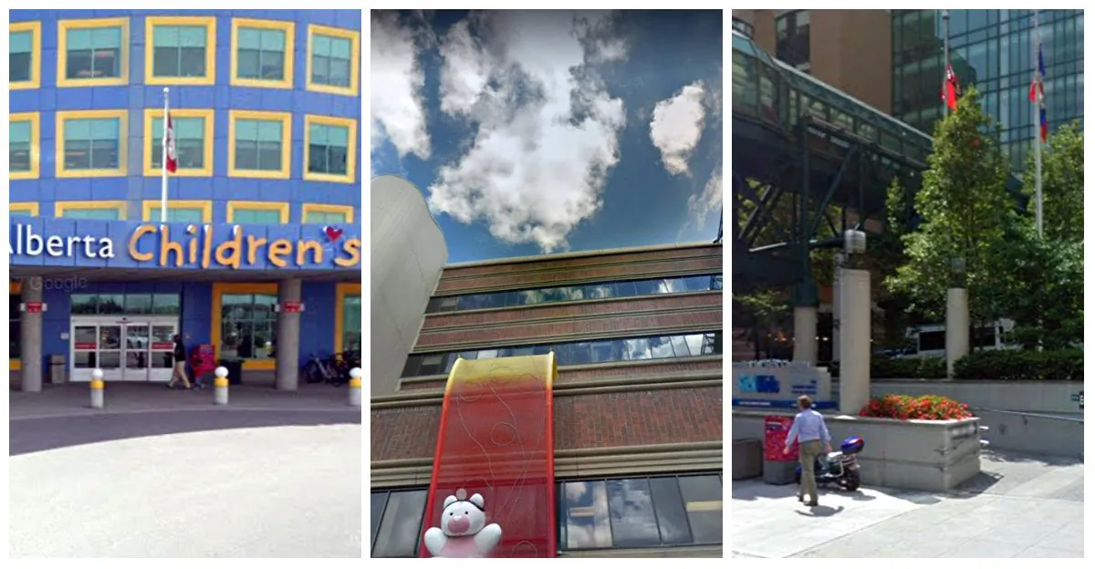 (L to R) The Alberta Children's Hospital in Calgary, Stollery Children's Hospital in Edmonton, and The Hospital for Sick Children in Toronto all had similar threats called in last night. (Google Maps)