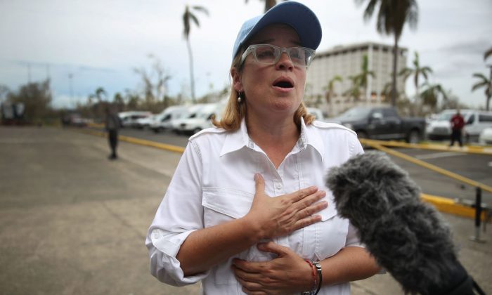 San Juan Mayor Carmen Yulin Cruz speaks to the media as she arrives at the temporary government center setup at the Roberto Clemente Stadium in the aftermath of Hurricane Maria on Sept. 30, 2017 in San Juan, Puerto Rico.  (Joe Raedle/Getty Images)