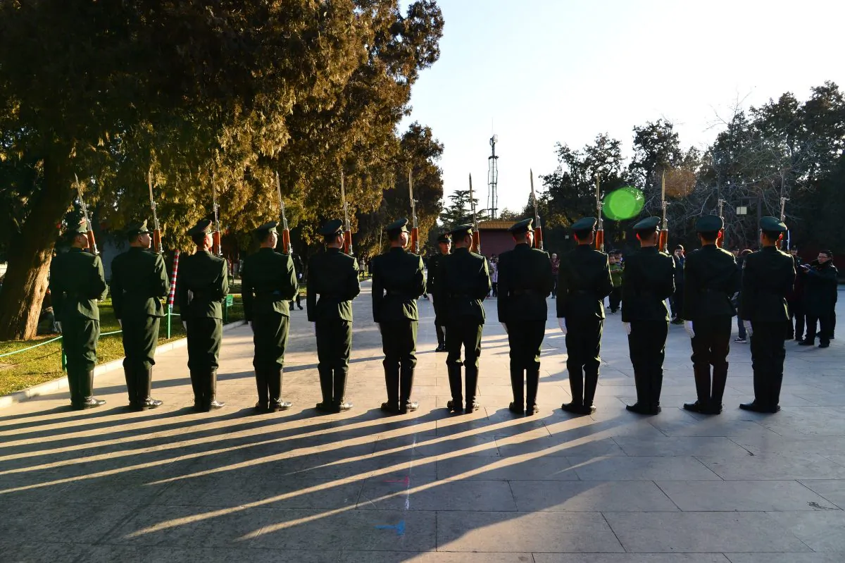 Members of the Chinese People's Liberation Army honor guard train in Beijing on Jan. 1, 2018. (AFP/Getty Images)