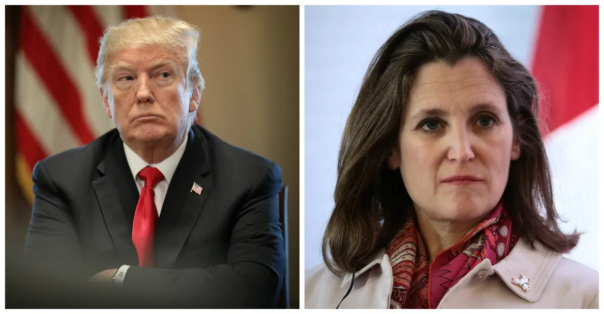 U.S. President Donald Trump participates in a meeting with leaders of the steel industry at the White House on March 1, 2018 in Washington, D.C. (Win McNamee/Getty Images) - Chrystia Freeland, Canada’s foreign affairs minister, seen here on Feb. 2, 2018 in Mexico City, Mexico, said trade restrictions on Canadian steel are “absolutely unacceptable.” (Hector Vivas/Getty Images)