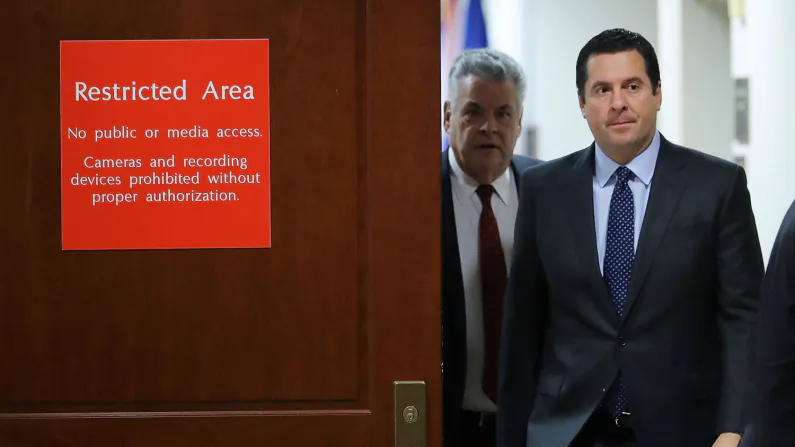 House Intelligence Committee Chairman Devin Nunes (R-Calif.) (2nd L) and Rep. Peter King (R-N.Y.) leave the committee's secure meeting rooms in the basement of the U.S. Capitol House Visitors Center Feb. 6, 2018 in Washington, DC. (Chip Somodevilla/Getty Images)