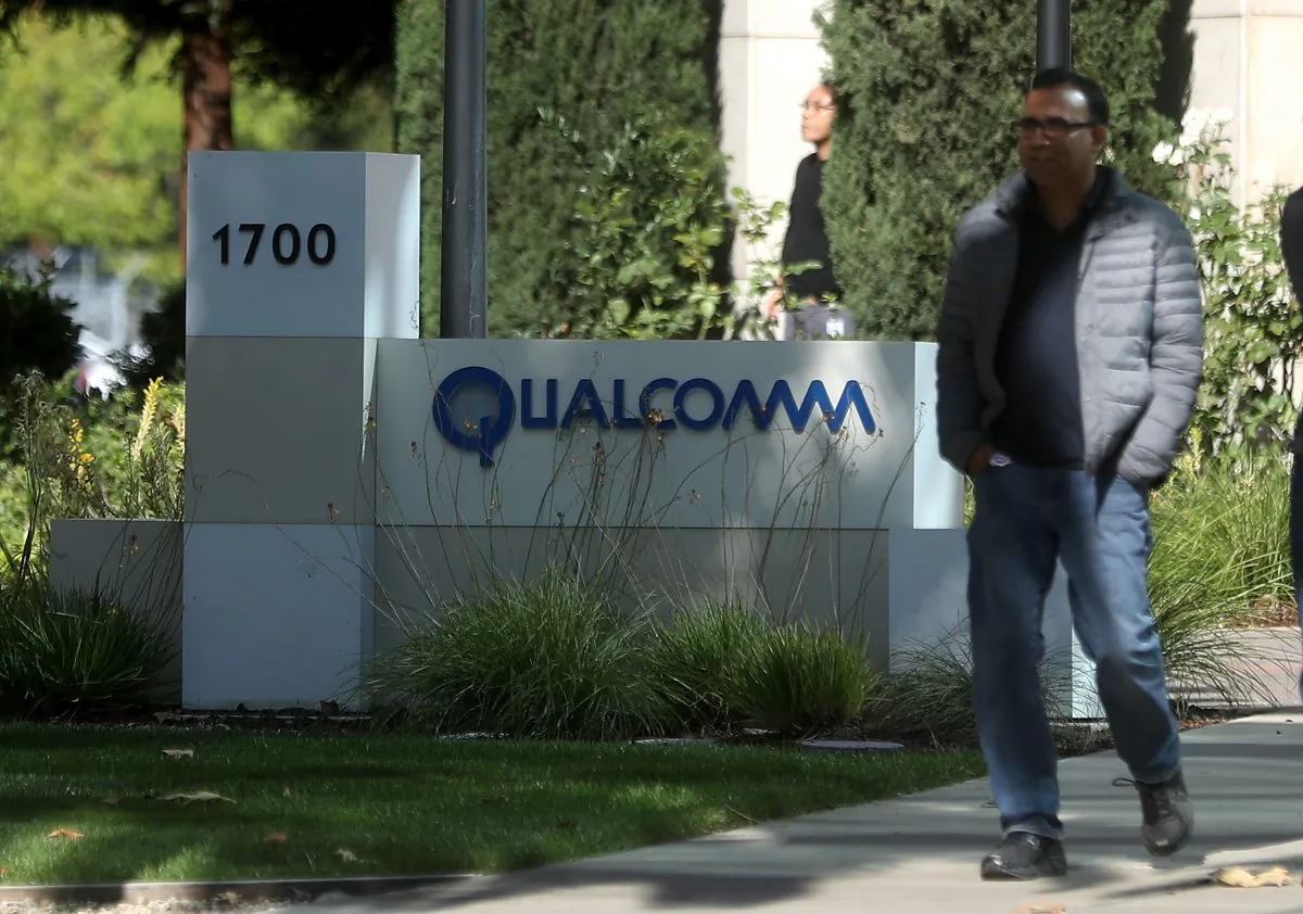 A sign posted at a Qualcomm office in San Jose, California on November 1, 2017. (Justin Sullivan/Getty Images)