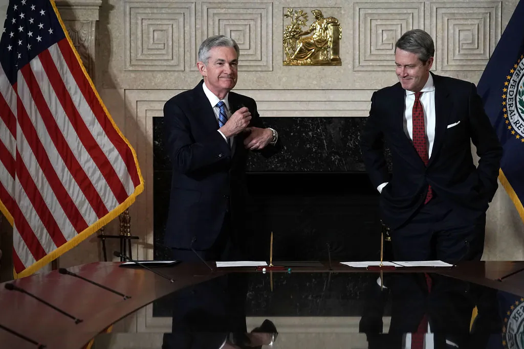 Federal Reserve Chairman Jerome Powell (L) and Vice Chairman for Supervision Randal Quarles during Powell’s swearing-in ceremony at the Federal Reserve in Washington on Feb. 5, 2018. (Alex Wong/Getty Images)