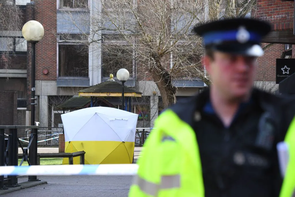 A police tent is seen behind a cordon at the scene at The Maltings shopping centre in Salisbury, southern England, on March 6, 2018 where a man and a woman were found critically ill on a bench on March 4 and taken to hospital sparking a major incident. (Chris J Ratcliffe/AFP/Getty Images)