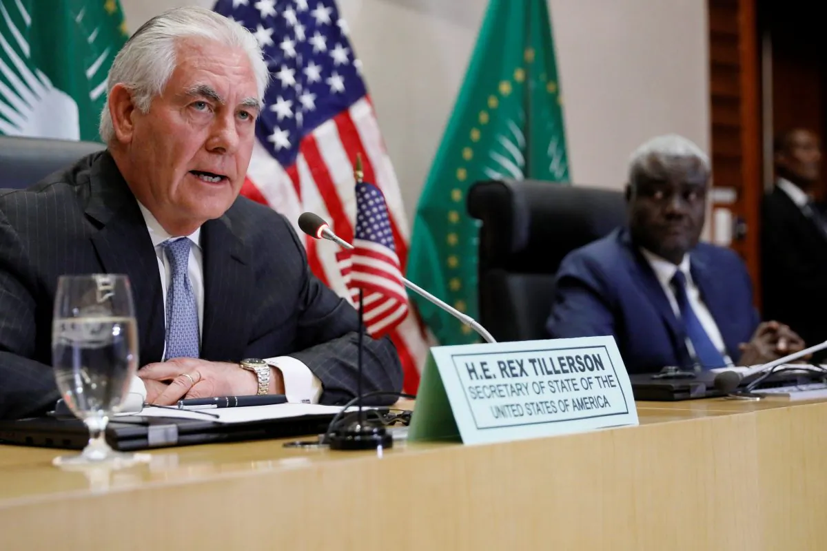 U.S. Secretary of State Rex Tillerson (left) and African Union (AU) Commission Chairman Moussa Faki, of Chad, hold a news conference after their meeting at the African Union headquarters in Addis Ababa, Ethiopia on March 8, 2018. (Jonathan Ernst/Reuters)