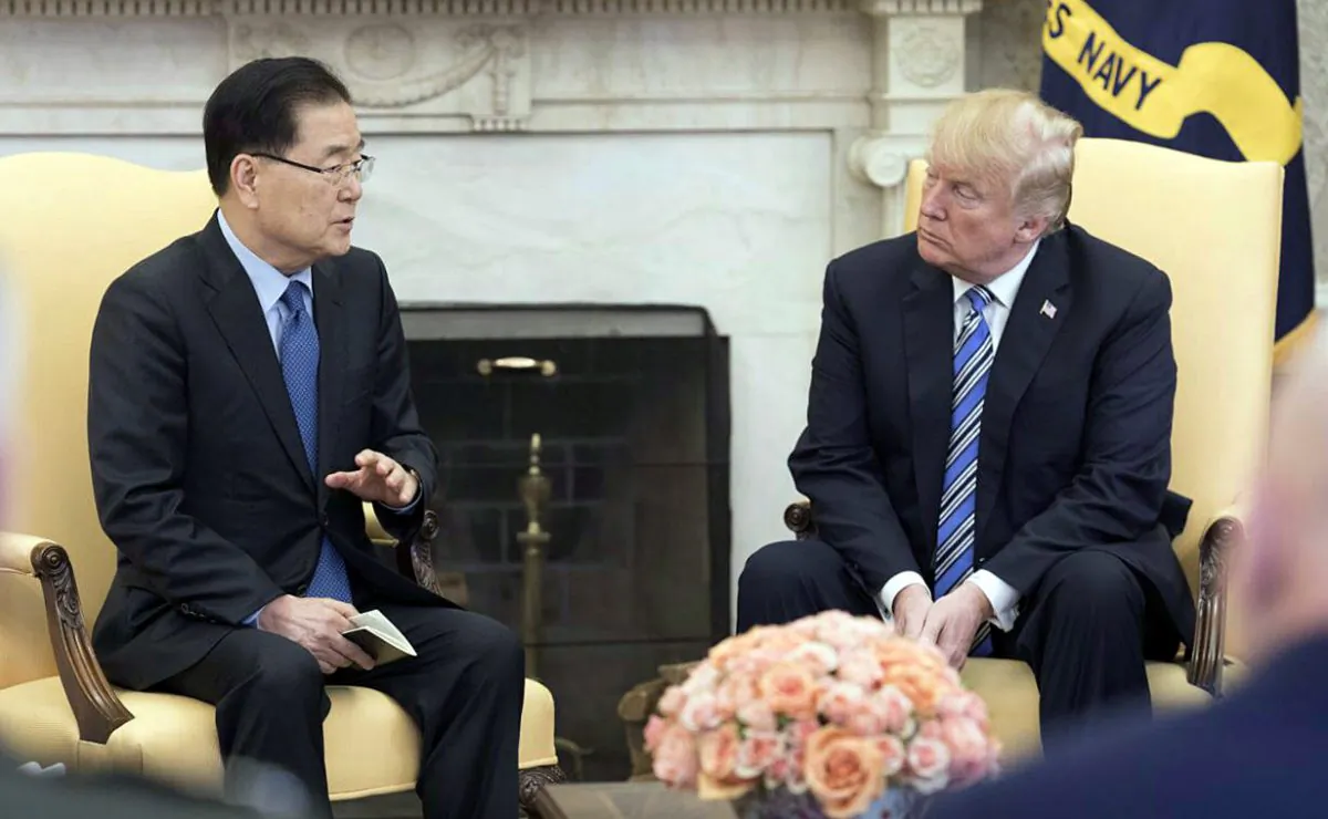 South Korea's national security chief Chung Eui-yong briefs U.S. President Donald Trump at the Oval Office about his visit to North Korea, in Washington March 8, 2018. (The Presidential Blue House/Yonhap via Reuters)