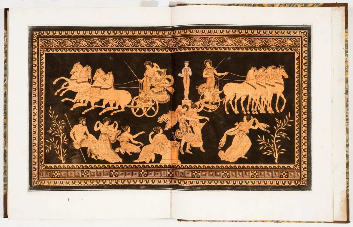 This plate, a classical Greek engraving representing a fifth-century red-and-black Greek-style vase, appears in a four-volume portfolio given to the king of England to showcase the antiquities in the British collection. The portfolio is part of the New York Antiquarian Book Fair, running through March 11, 2018. (Antiquariato Librario Bado)