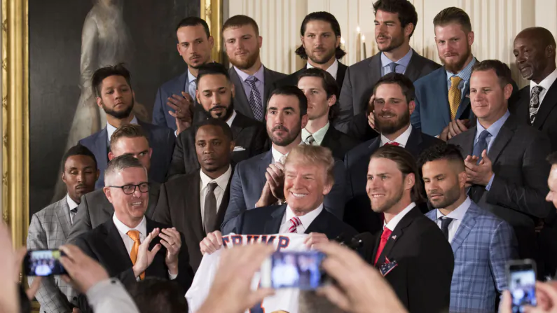 President Donald Trump hosts the 2017 World Series Champion Houston Astros in the East Room of the White House in Washington on March 12, 2018. (Samira Bouaou/The Epoch Times)