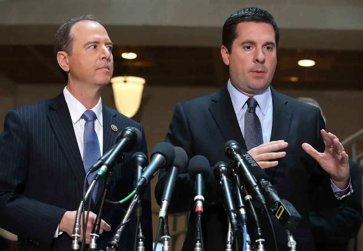 House Intelligence Committee Chairman Devin Nunes (R), and ranking member Rep. Adam Schiff (L) speak to the media about Committee's investigation into Russian interference in the U.S. presidential election, at the U.S. Capitol on March 15, 2017. (Mark Wilson/Getty Images)