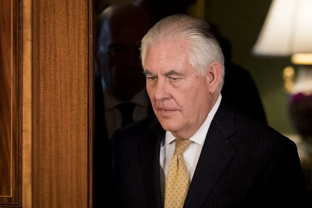 Secretary of State Rex Tillerson at a joint press conference with President Donald Trump and Prime Minister Stefan Löfven of Sweden in the East Room of the White House in Washington on March 6, 2018. (Samira Bouaou/The Epoch Times)