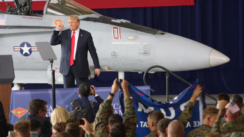 President Donald Trump addresses troops at Miramar Marine Corp Air Station in San Diego, California, on March 13, 2018. (Sandy Huffaker/Getty Images)