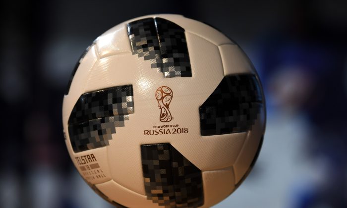 The official match ball of the Soccer Cup 2018 in Russia, on display during the Adidas annual press conference in Herzogenaurach, southern Germany, on March 14, 2018. (Christof Stache/AFP/Getty Images)