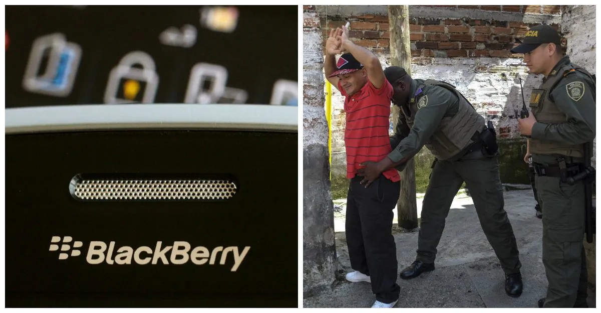 An illustration of a BlackBerry smartphone. (Reuters/Bobby Yip/File Photo) / Policemen frisk a man in Medellin, Colombia, on October 3, 2017. Medellin's neighborhoods have been increasingly suffering from drug-related violence from gang and paramilitary groups, some of whom may be benefiting from modified BlackBerry smartphones to evade law enforcement. (Joaqin Sarmiento/AFP/Getty Images)