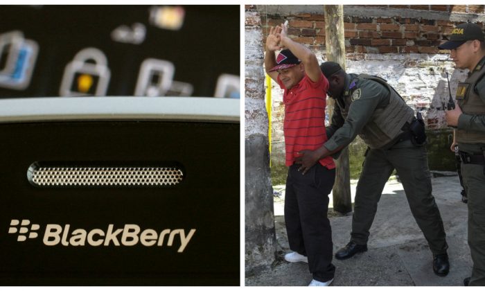 An illustration of a  BlackBerry smartphone. (Reuters/Bobby Yip/File Photo) / Policemen frisk a man in Medellin, Colombia, on October 3, 2017. Medellin's neighborhoods have been increasingly suffering from drug-related violence from gang and paramilitary groups, some of whom may be benefiting from modified BlackBerry smartphones to evade law enforcement. (Joaqin Sarmiento/AFP/Getty Images)