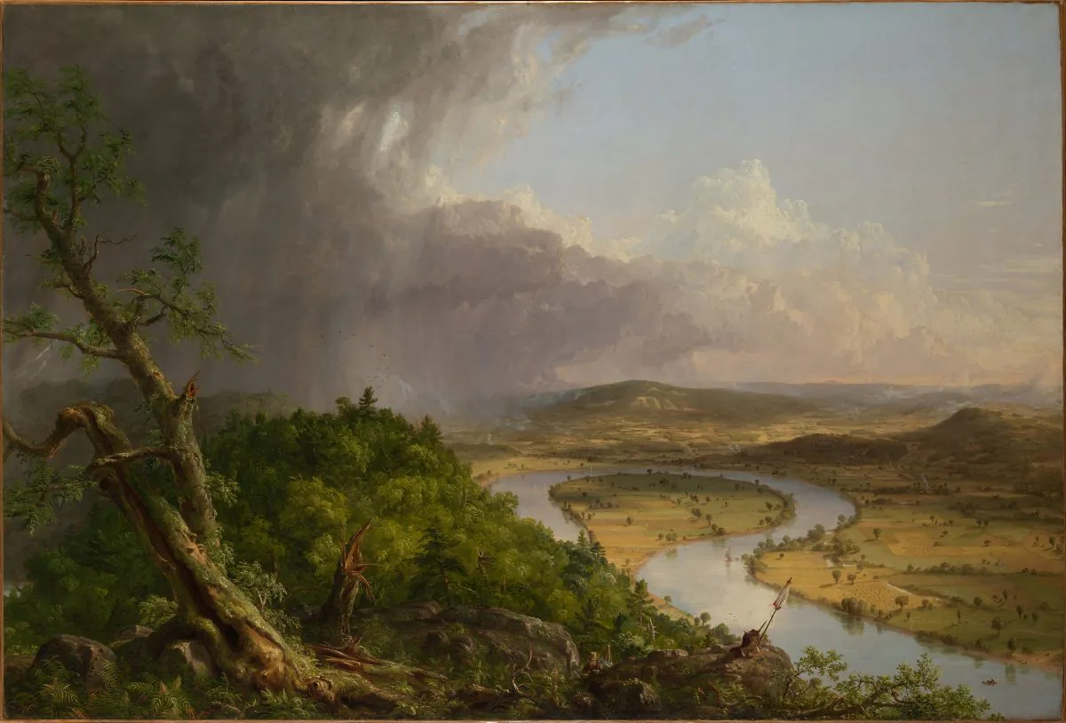 "View From Mount Holyoke, Northhampton, Massachusetts, After a Thunderstorm—The Oxbow" (detail), 1836 by Thomas Cole (1801–1848). Oil on canvas, The Metropolitan Museum of Art, gift of Mrs. Russell Sage, 1908. (The Metropolitan Museum of Art)
