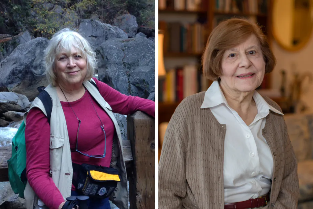 Harlene Goodrich (left) and Dorothy Kelly are models of aging well. Above, Goodrich stops at Vernal Fall in Yosemite National Park during a hike to scatter some of her late husband's ashes in 2016. (Courtesy of Harlene Goodrich) Kelly, a retired pharmacist, donates her speaking fees from lectures on historical figures toward the protection of an 18th-century church near her home. (Tim Betler/UPMC)