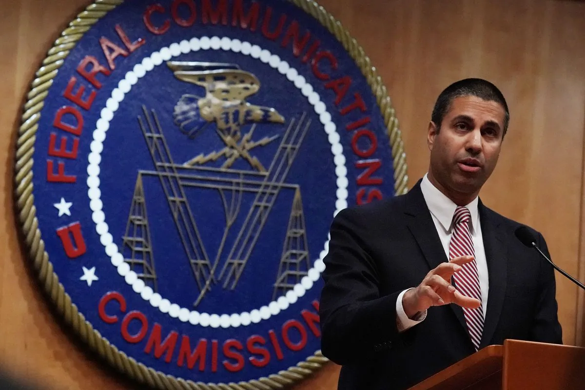 Federal Communications Commission Chairman Ajit Pai speaks to members of the media after a commission meeting Dec. 14, 2017, in Washington. (Alex Wong/Getty Images)