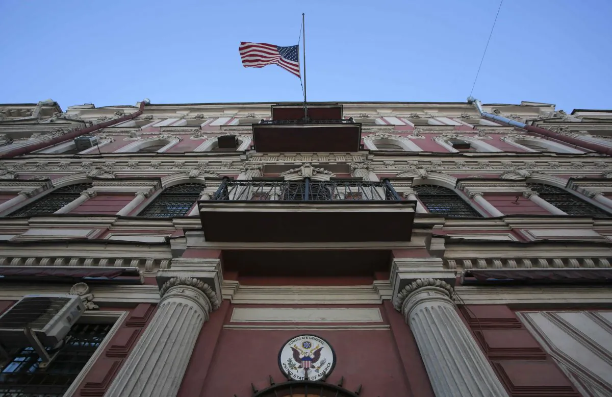 The state flag of the U.S. flies outside the building of the country's consulate-general in St. Petersburg, Russia March 29, 2018. (Anton Vaganov/REUTERS)