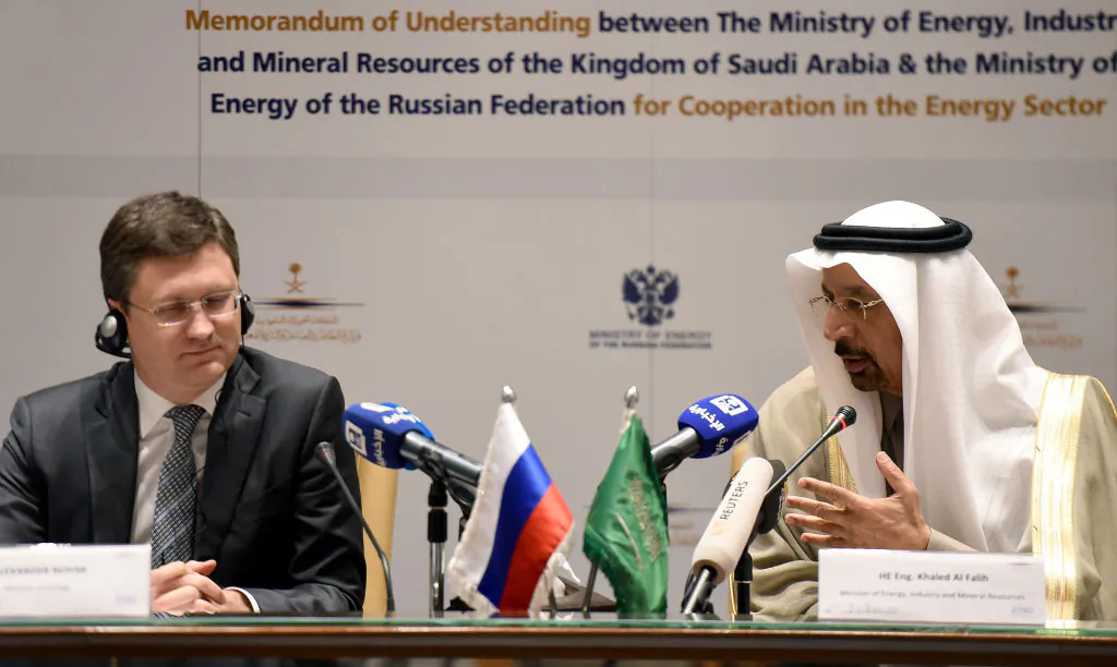 Saudi Arabia's Minister of Energy, Industry and Mineral Resources, Khalid Al-Falih (R) speaks during a press conference with his Russian counterpart Alexander Novak at the Ritz Carlton Hotel in the capital Riyadh on Feb. 14, 2018. (FAYEZ NURELDINE/AFP/Getty Images)