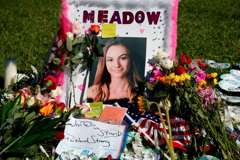 A memorial for Meadow Pollack, one of the victims of the Marjory Stoneman Douglas High School shooting, sits in a park in Parkland, Florida on February 16, 2018. (RHONA WISE/AFP/Getty Images)