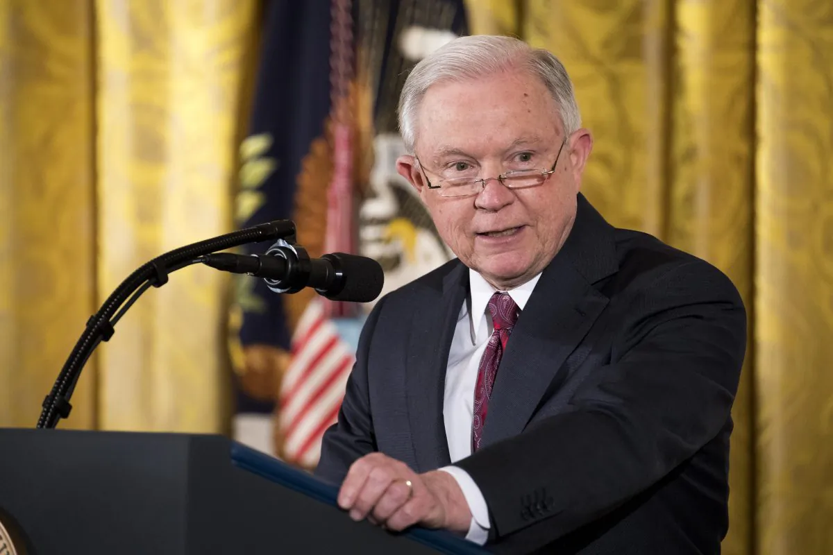 Attorney General Jeff Sessions introduces President Donald Trump during a Public Safety Medal of Valor award ceremony at the East Room of the White House in Washington, on Feb. 20, 2018. The medal is the nation's highest award to public safety officers who have 'exhibited exceptional courage, regardless of personal safety, in the attempt to save or protect human life.' (Samira Bouaou/The Epoch Times)