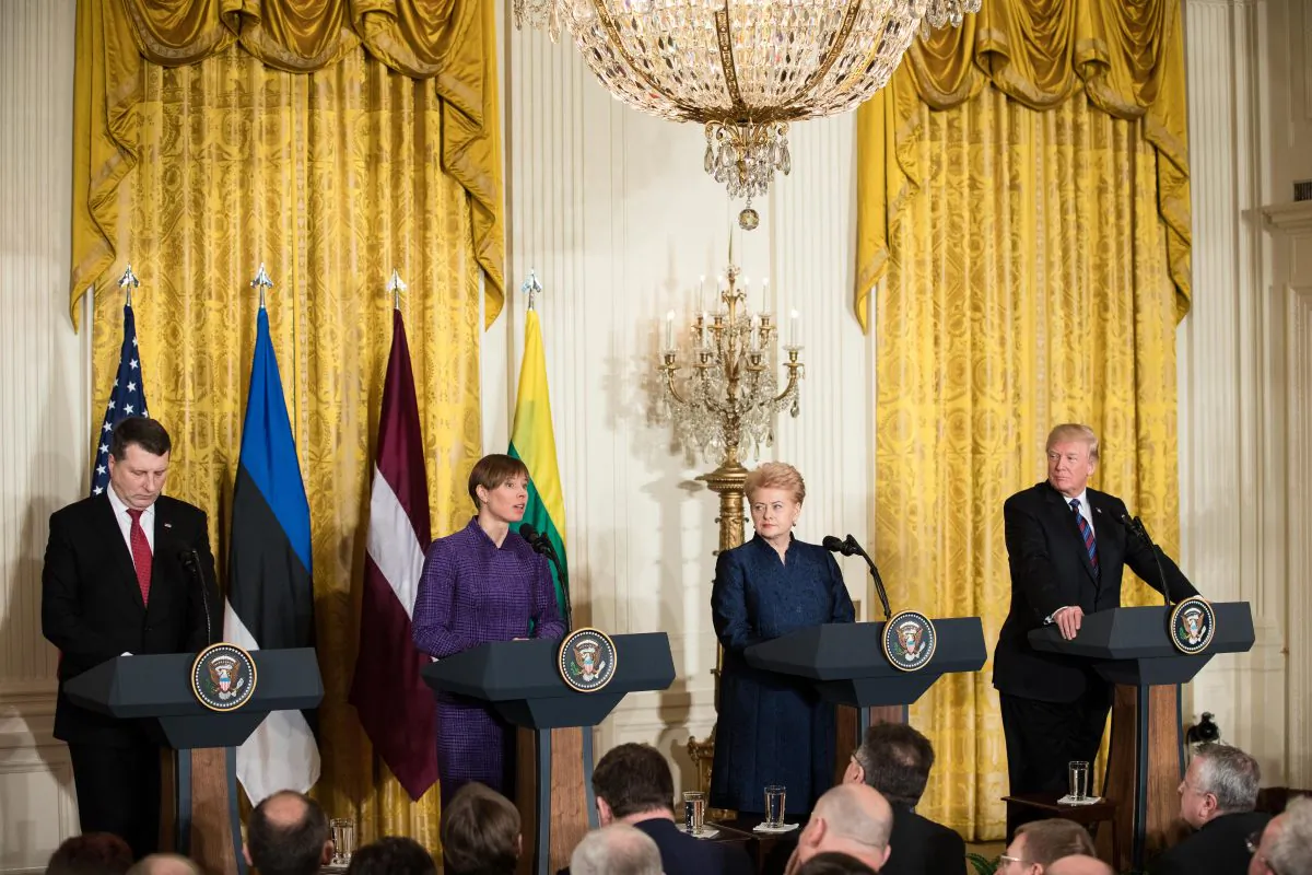 (L-R) Latvian President Raimonds Vejonis, Estonian President Kersti Kaljulaid, Lithuanian President Dalia Grybauskaite, and President Donald Trump at a joint press conference in the East Room of the White House in Washington on April 3, 2018. Baltic states agreed to enhance cooperation in defense and energy during the United States-Baltic Summit. (Samira Bouaou/The Epoch Times)