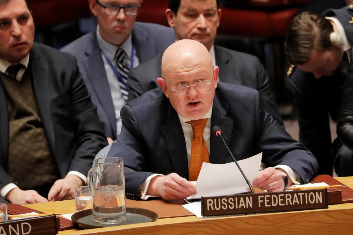Russian Ambassador to the United Nations (U.N.) Vasily Nebenzya speaks regarding an incident in Salisbury, Britain, during a meeting of the U.N. Security Council at the U.N. headquarters in New York, on April 5, 2018. (Reuters/Lucas Jackson)