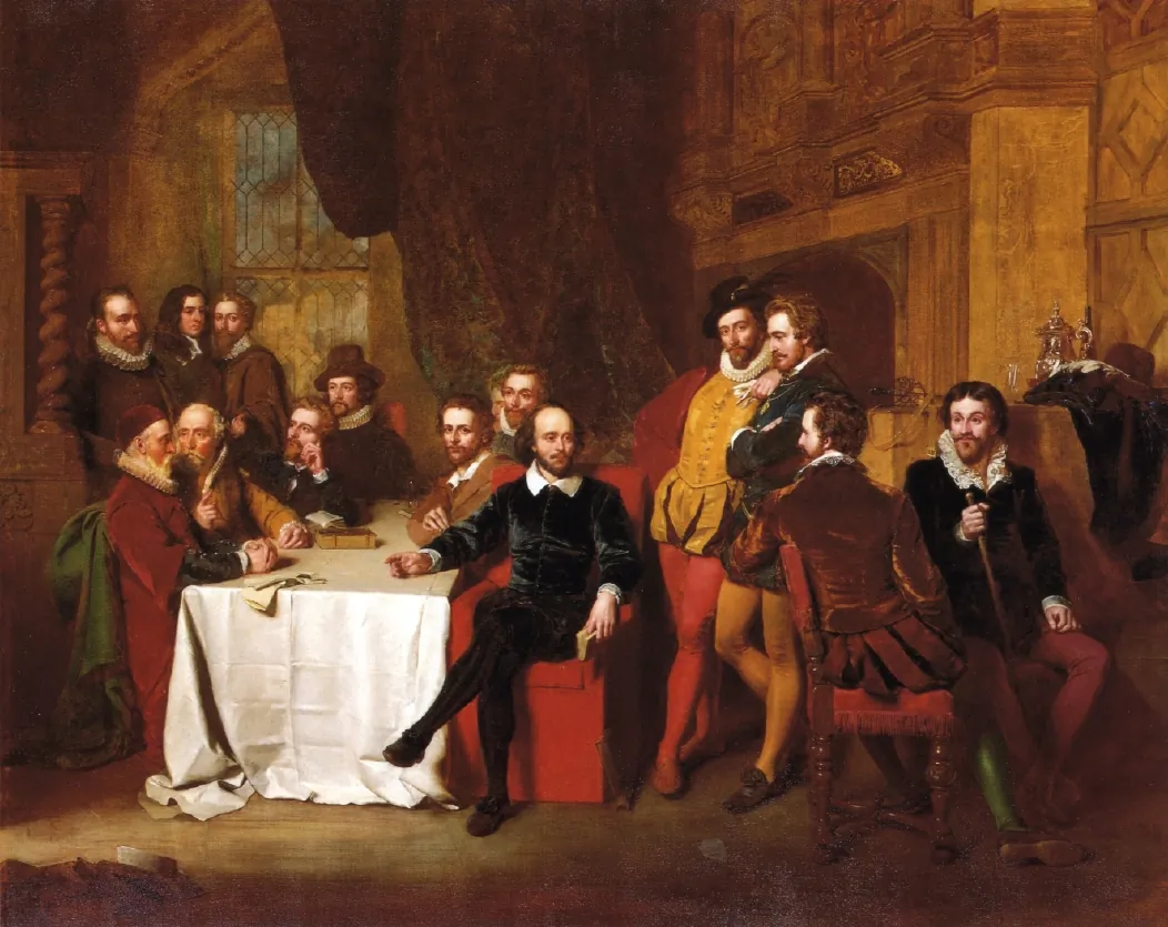 “Shakespeare and His Contemporaries,” 1851, by John Faed. Where exactly was the theater in which Shakespeare’s plays first appeared? (Public Domain)