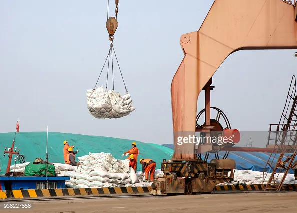 Chinese workers transfer bags of soybean meal at a port in Nantong in China's eastern Jiangsu province on Mar. 22, 2018.  (Photo credit should read -/AFP/Getty Images)
