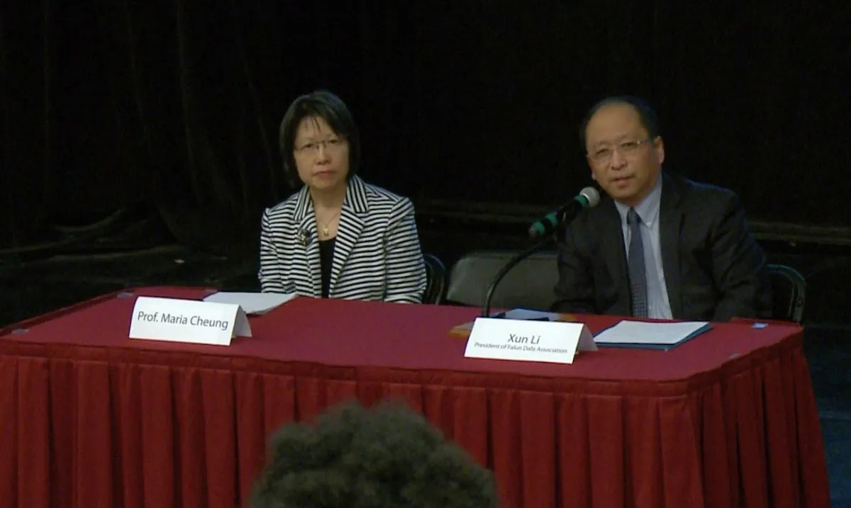 Panellists Maria Cheung, an assistant professor and a research affiliate with the Centre for Human Rights Research at the University of Manitoba, and Xun Li, president of the Falun Dafa Association of Canada, at a panel discussion following a screening of the documentary “Hard to Believe” at the University of Ottawa on April 5, 2018. (Jian Ren/The Epoch Times)