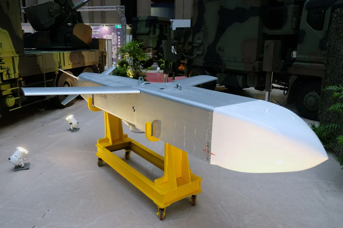 Taiwan’s indigenously-produced “Wan Chien” air-to-ground missile is displayed during the 2017 Taipei Aerospace and Defense Technology Exhibition at the World Trade Center in Taipei on August 16, 2017. (Sam Yeh/AFP/Getty Images)